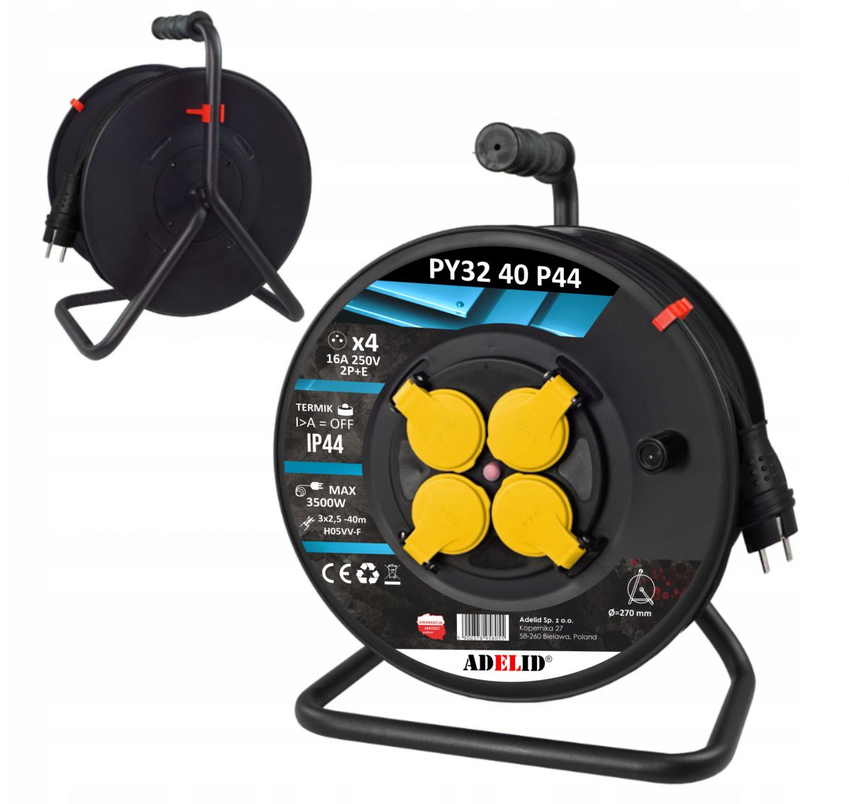 Przedłużacz bębnowy 40mb 4 gniazdka IP44 16A kabel 3x2,5